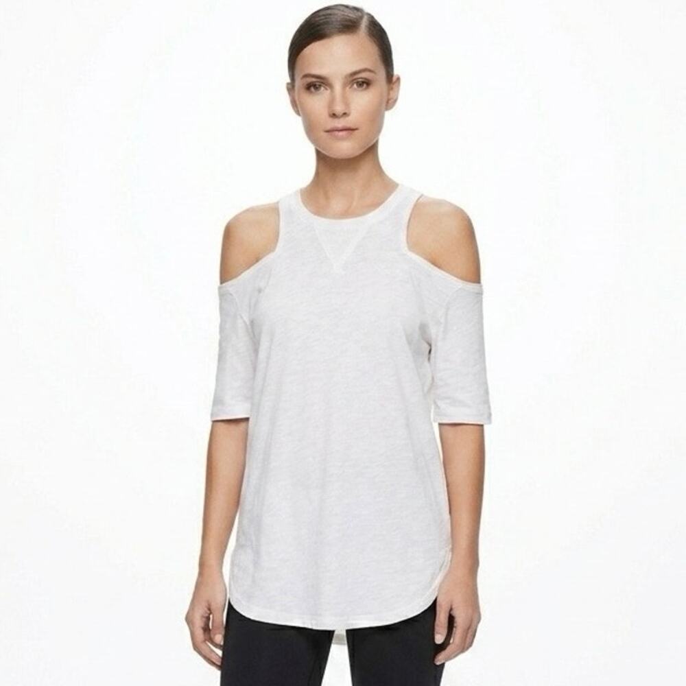 Bcbgeneration Women T-Shirt XXS White Cold Shoulder Short Sleeve Crew Neck Hi Lo